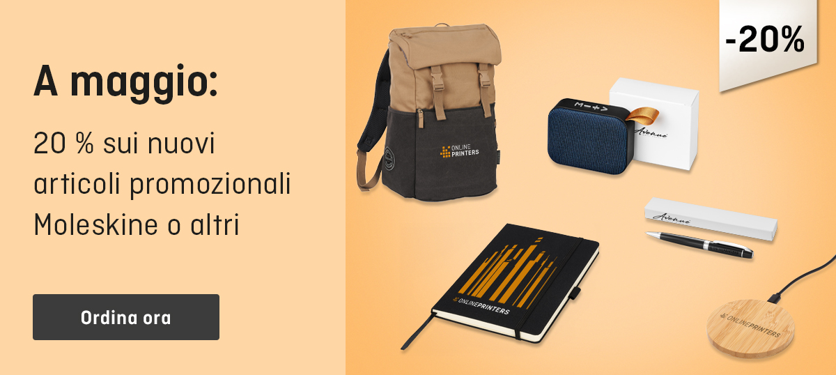 A maggio: 20 % sui nuovi articoli promozionali Moleskine o altri