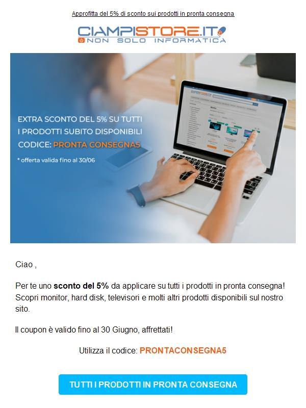 5% di sconto su tutti i prodotti in pronta consegna