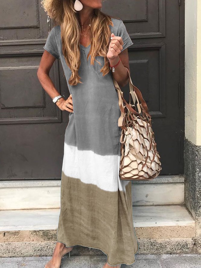 Neck Linen Short Sleeve Maxi ...