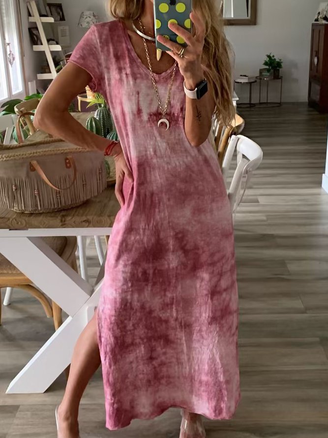 Cotton V Neck Tie Dye Maxi Dr...