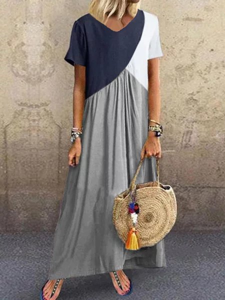 Block V Neck Plus Size Maxi D...