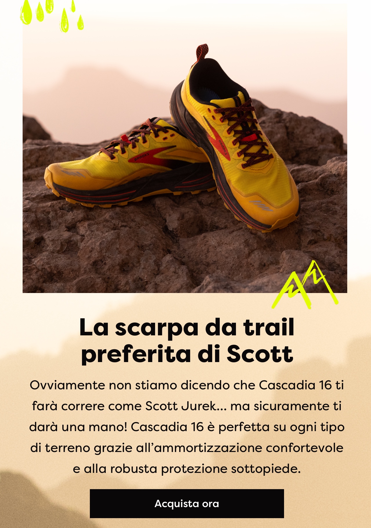 La scarpa da trail preferita di Scott | Ovviamente non stiamo dicendo che Cascadia 16 ti farà correre come Scott Jurek… ma sicuramente ti darà una mano! Cascadia 16 è perfetta su ogni tipo di terreno grazie all’ammortizzazione confortevole e alla robusta protezione sottopiede. | Acquista ora  