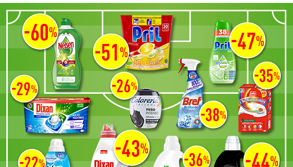 Per esempio Nelsen piatti -60%, Pril Gel Caps 1000 limoni -51%, Dixan liquido 27 lavaggi -43%, Perlana Nero assoluto -44%,