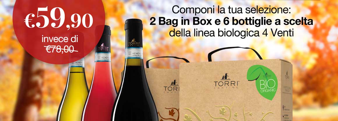 Nuova stagione, nuove Promozioni! Promo Autunno Componi la tua selezione: 2 Bag in Box e 6 bottiglie a scelta della linea biologica 4 Venti