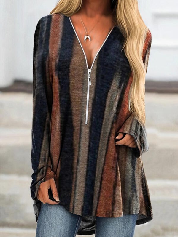 Striped V-Neck Long Sleeves T...