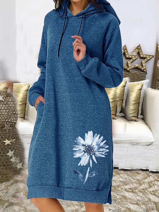    Casual Floral Hooded Dress...