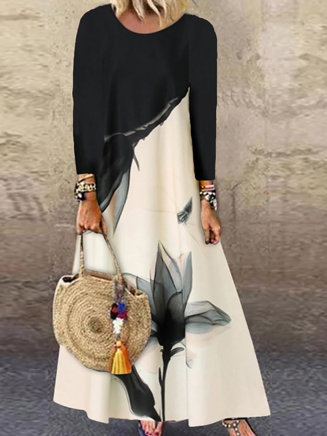 Round Neck Long Sleeves Maxi ...