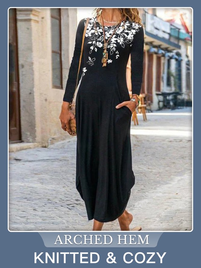 Sleeve Crew Neck Floral Dress...