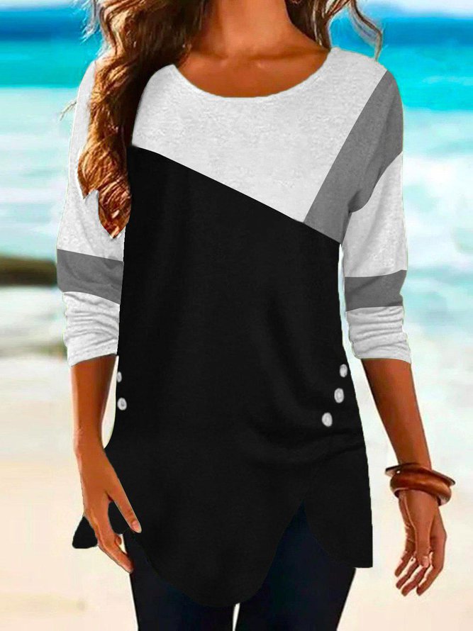 Block Loosen Crew Neck Shirts...