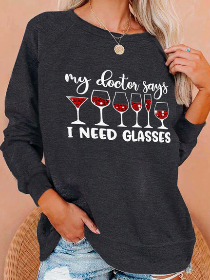 GLASSES  Letter Crew Neck Swe...