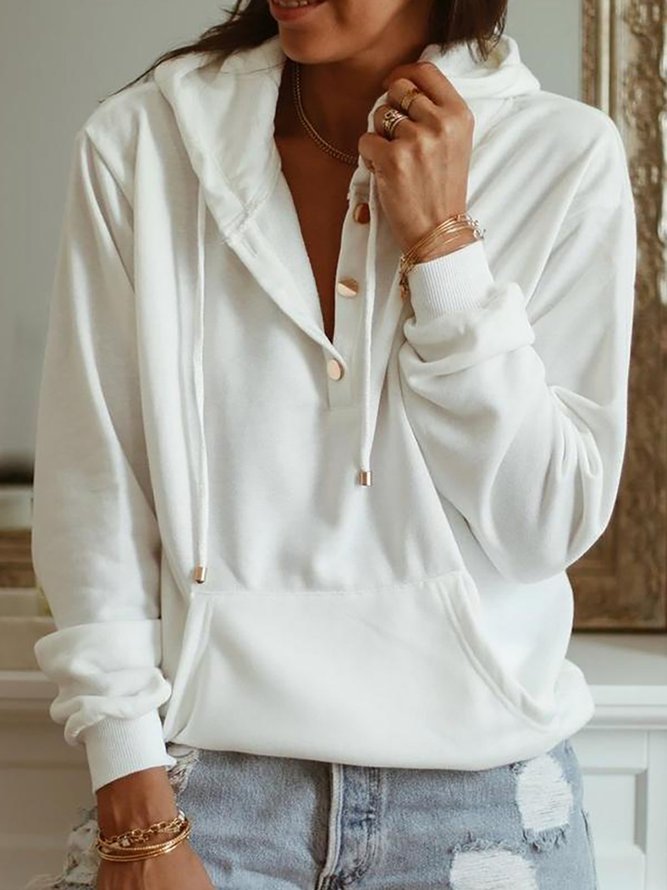 Sleeve Solid White Hoodie Swe...