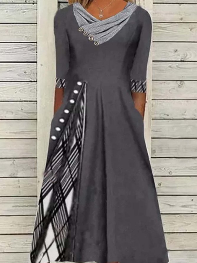 Neck Loosen Grid Vintage Dres...