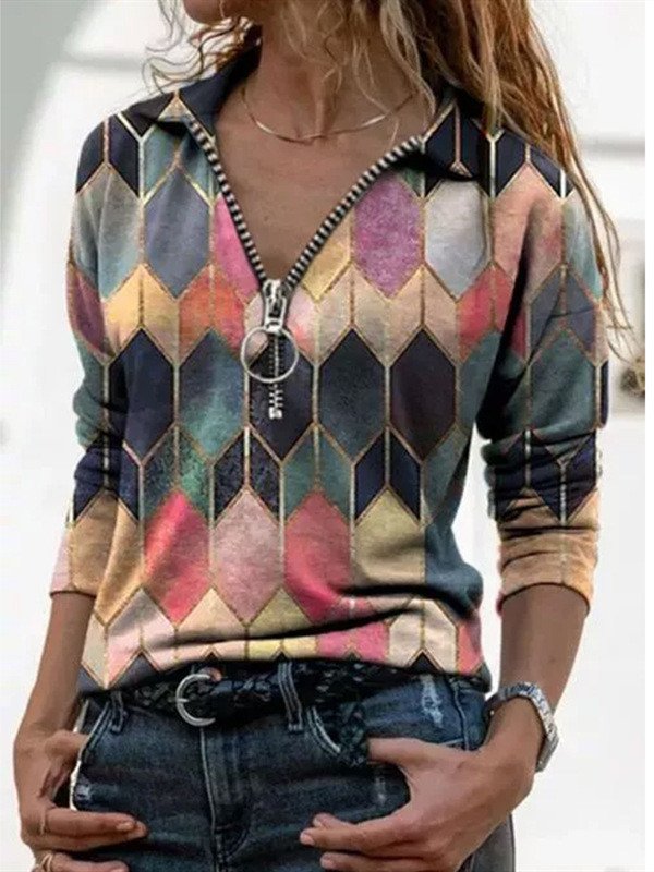 Zipper V-neck Long Sleeve Swe...