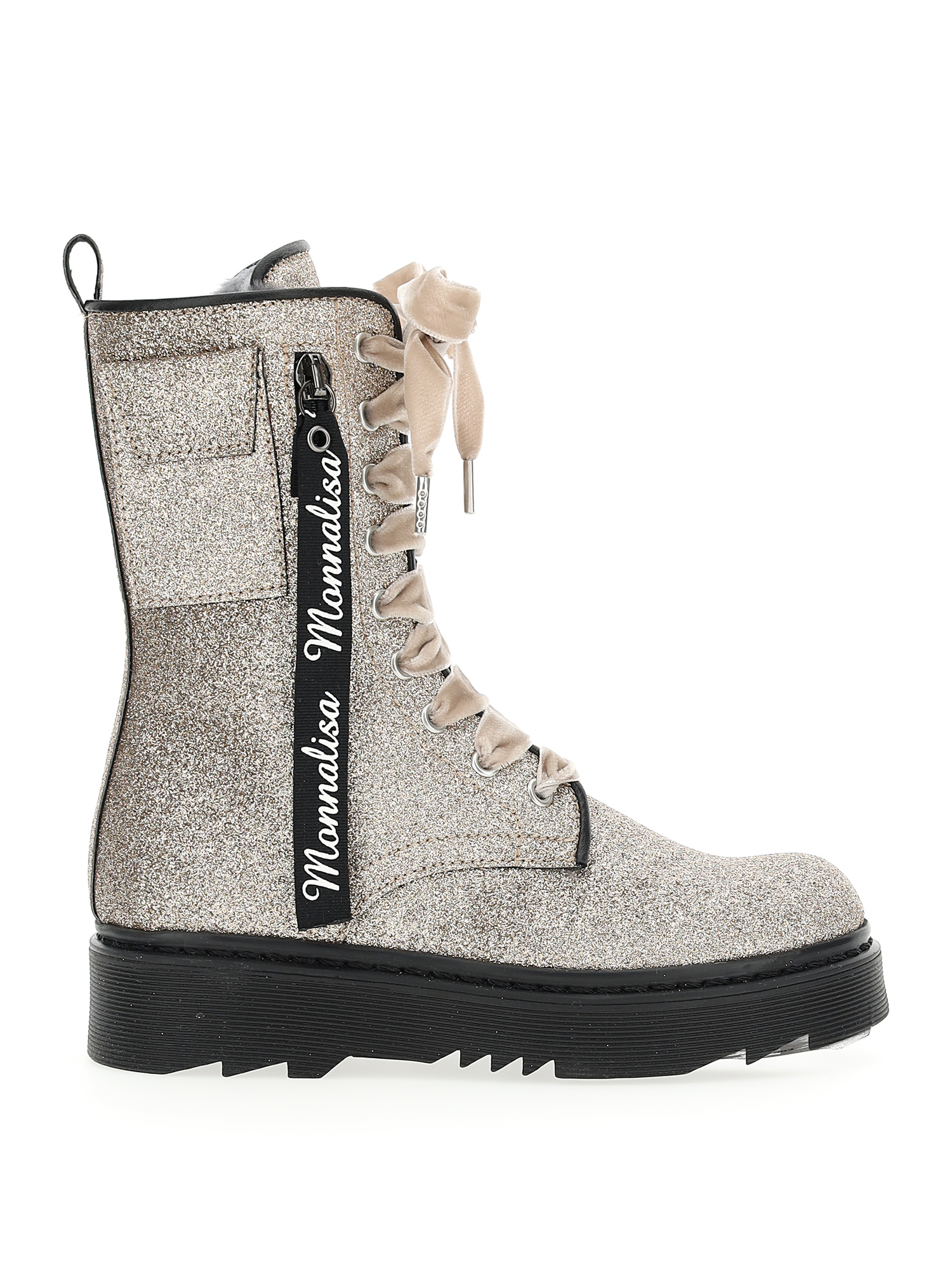 Glitter combat boots with shearling