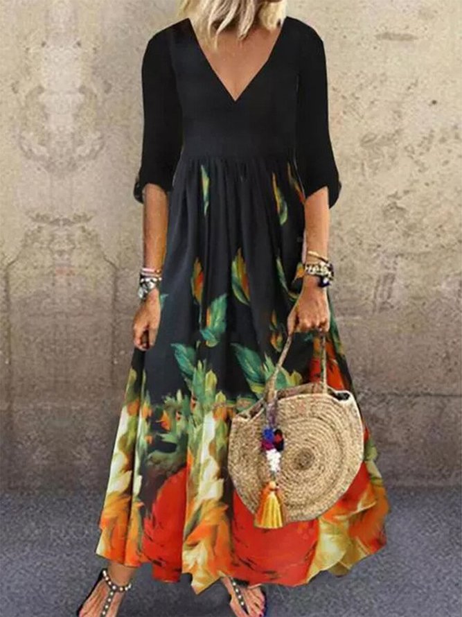 Sleeve V Neck Floral-Print Dr...