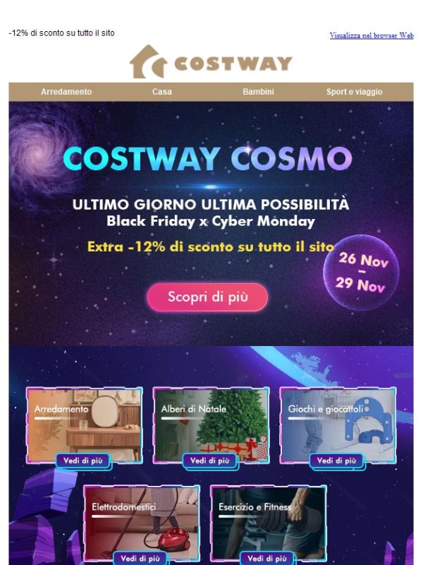 ⚫Imperdibili Offerte di Cyber Monday! Extra -12% di sconto su Costway⛳