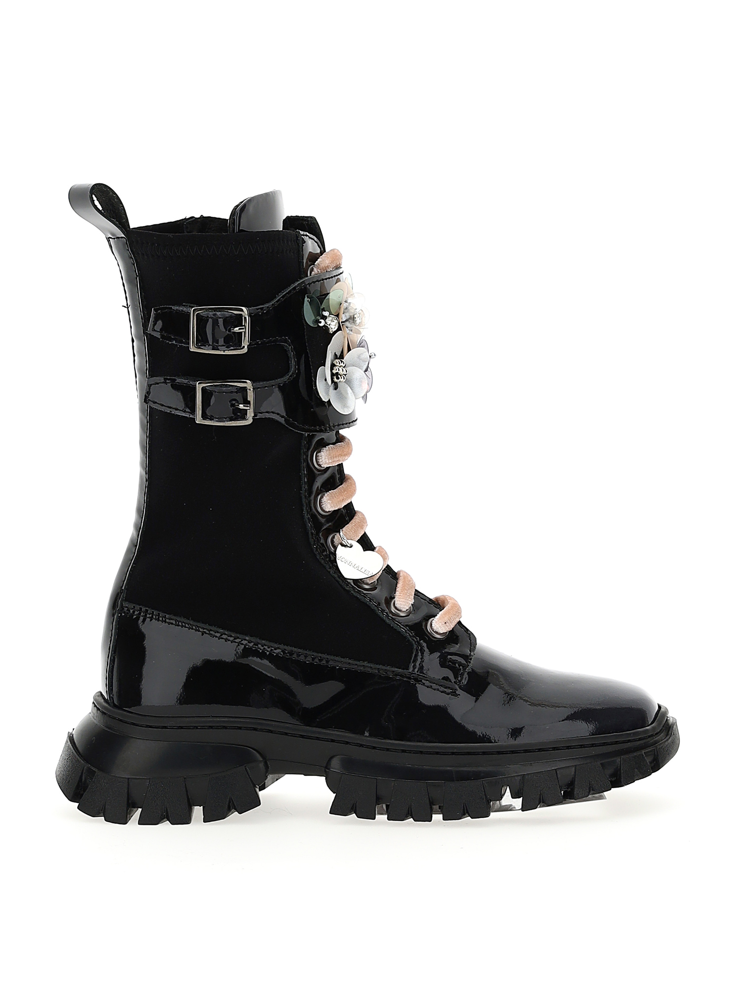 Combats patent leather and flowers
