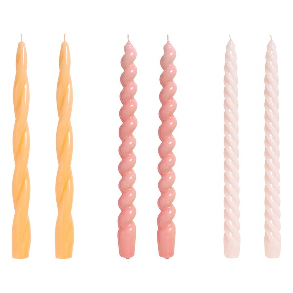 Candele Long Twist, set di 6, dark peach - dark rose - light ros