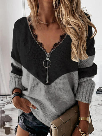 Geometric V Neck Color Block ...