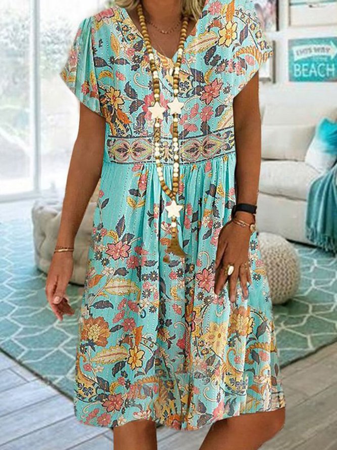 Green Short Sleeve Floral Dre...