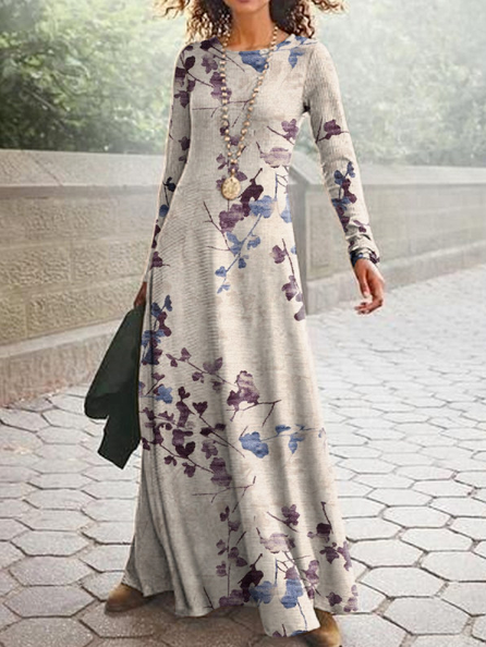 Neck Cotton Blends Floral Dre...