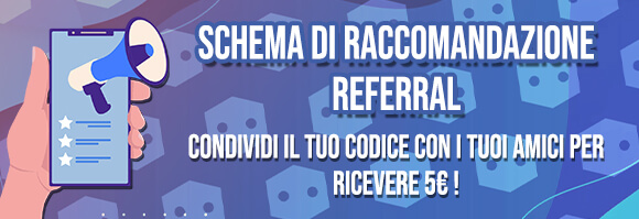 Schema di raccomandazione referral Condividi Il Tuo Codice con i tuoi amici per ricevere 5€