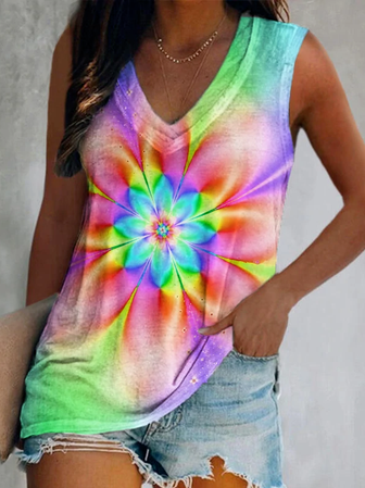 Cotton Blends Floral V Neck V...