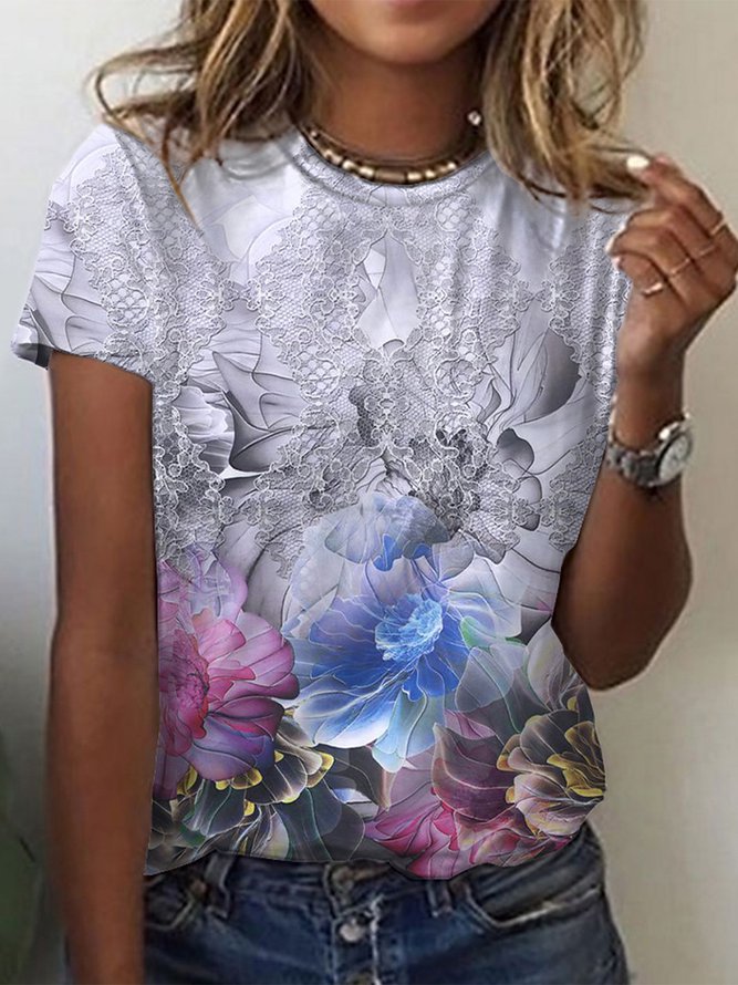 Neck Print Basic Vintage Tops...