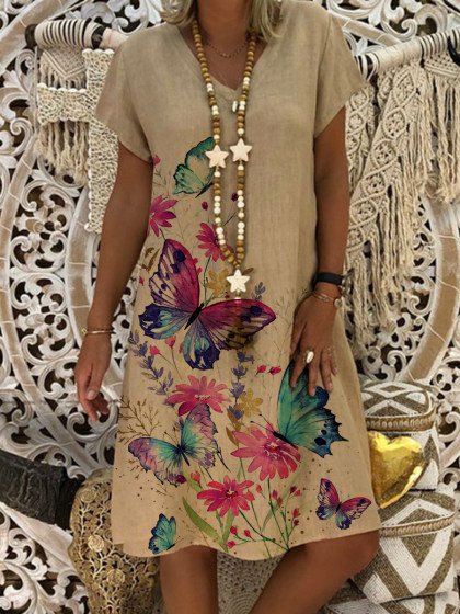 Short Sleeve Casual V Neck Dr...