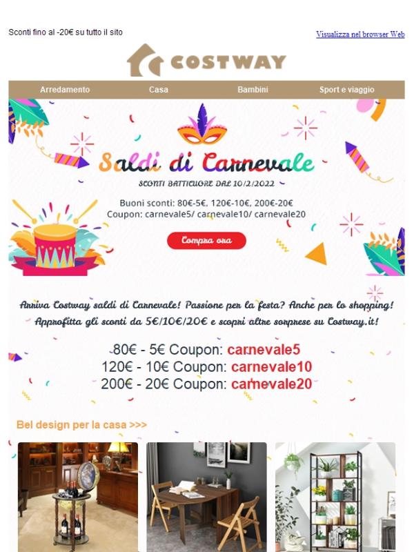 ⚓Buono 20€ di sconto su tutto! Costway festeggia il Carnevale con te!♻️