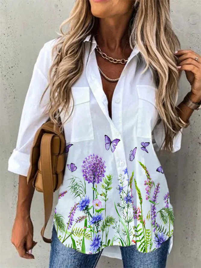 Collar Floral Pockets Shirts ...