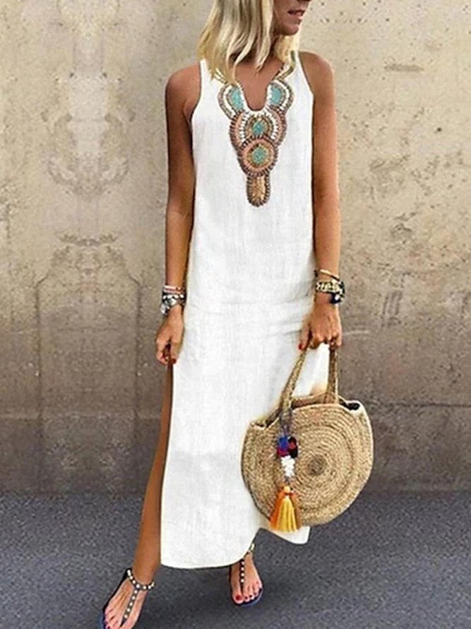 Linen Simple  Ethnic V Neck D...