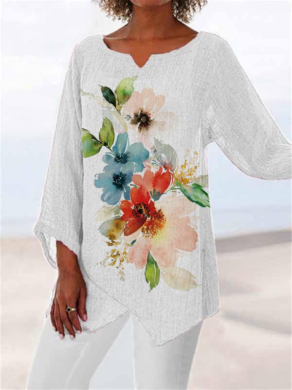 Neck Floral Loosen Long sleev...