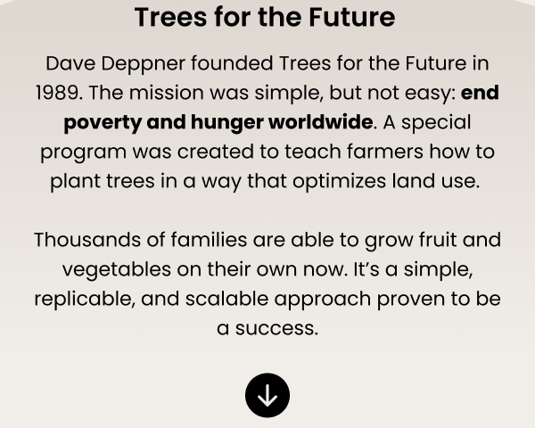 Trees For The Future — Dave Deppner founded Trees for the Future in 1989. The mission was simple, but not easy: end poverty and hunger worldwide. A special program was created to teach farmers how to plant trees in a way that optimizes land use.