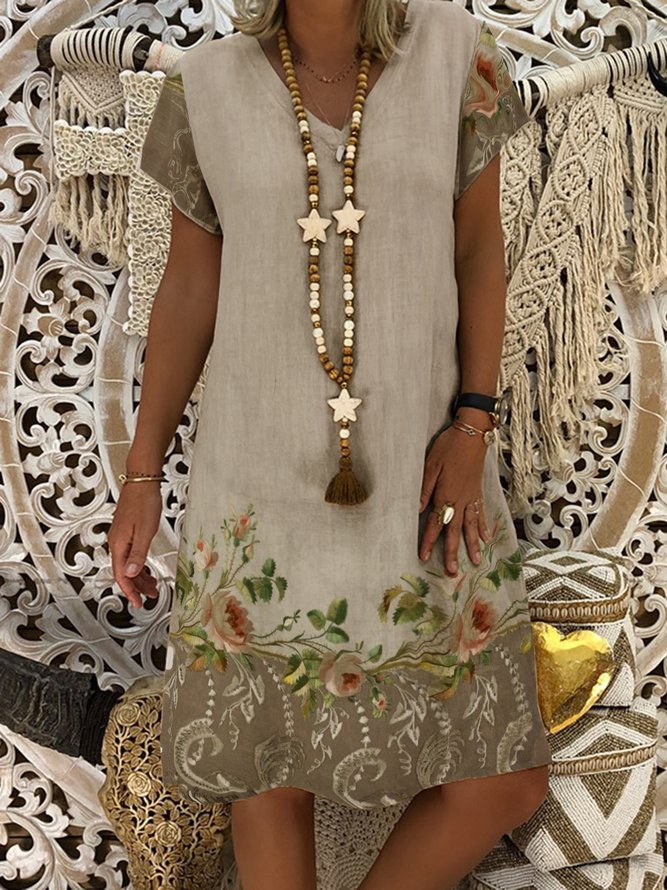 Sleeve V Neck Cotton-Blend Dr...