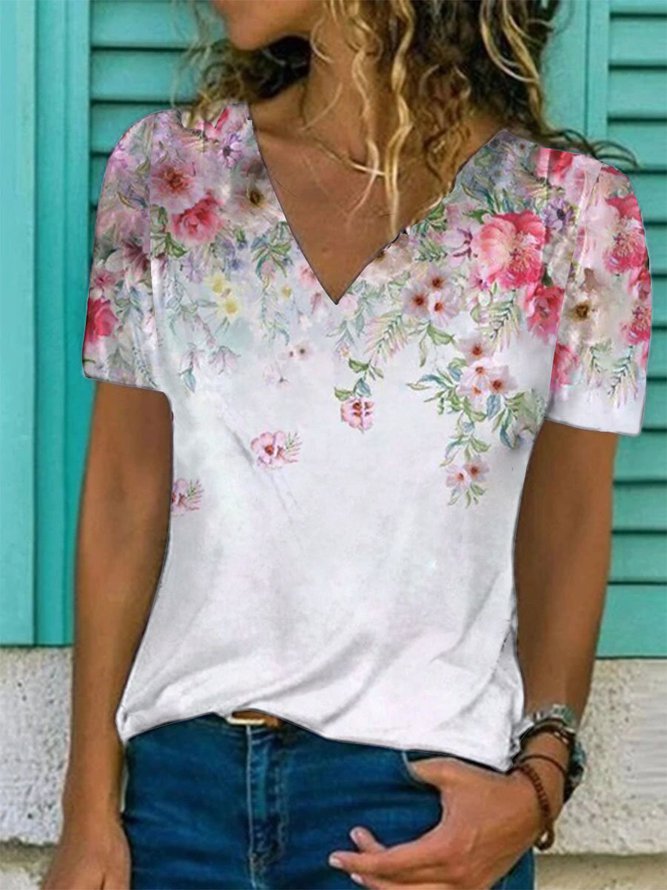Casual V Neck Short Sleeve T-...