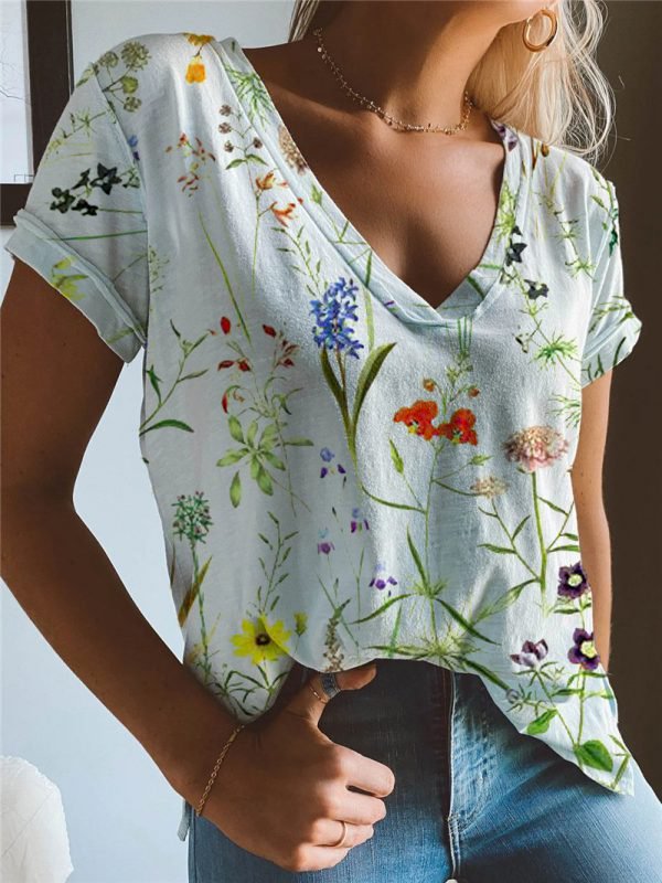 Neck Floral Short Sleeve T-sh...