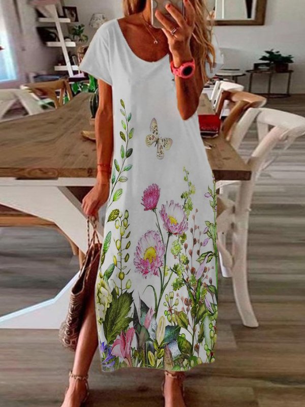 Neck Short Sleeve Floral Dres...