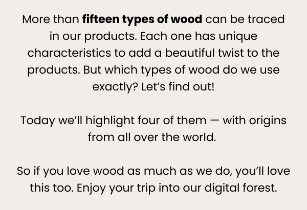 More than fifteen types of wood can be traced in our products. Each one has unique characteristics to add a beautiful twist to the products. But which types of wood do we use exactly? Let's find out! Today we'll highlight four of them — with origins from all over the world. So if you love wood as much as we do, you'll love this too. Enjoy your trip into our digital forest.