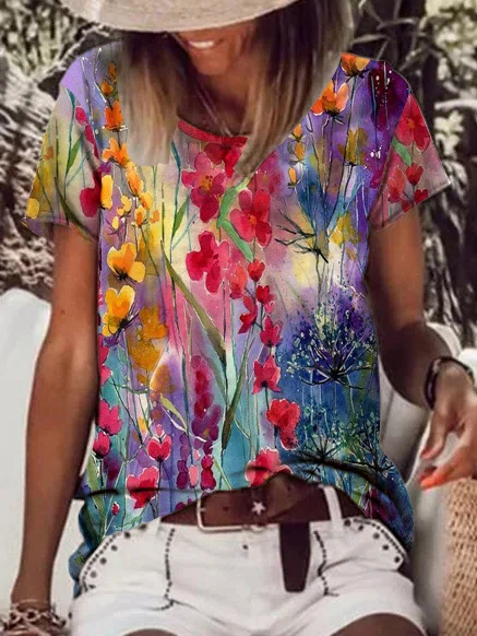 Neck Floral Vacation T-Shirt/...