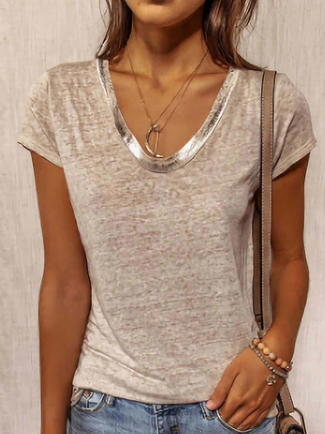 Neck Glitters Causal T-Shirt/...