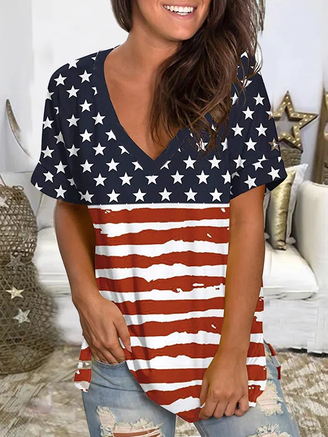 Short Sleeve Stripes Casual T...