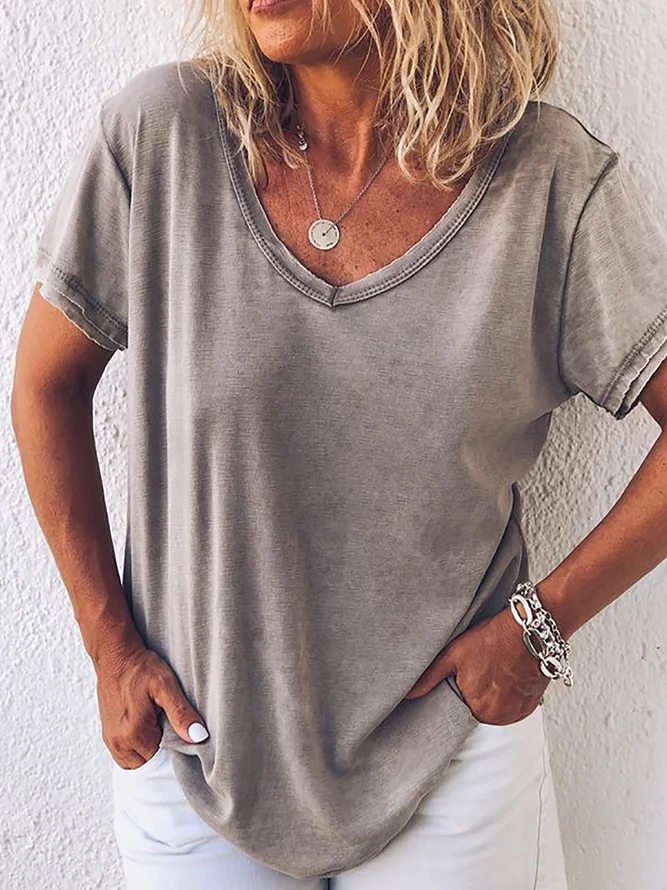 V Neck Solid Causal T-Shirt/T...
