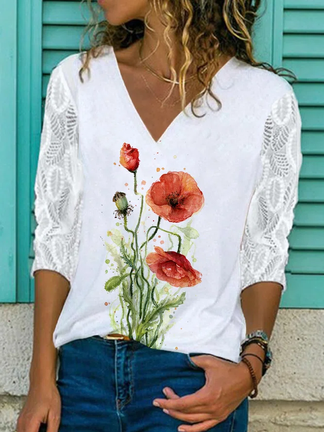 Neck Casual Floral Long Sleev...