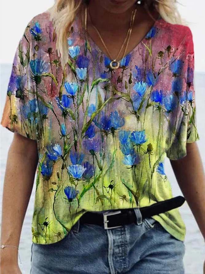 Short Sleeve Floral Casual T-...