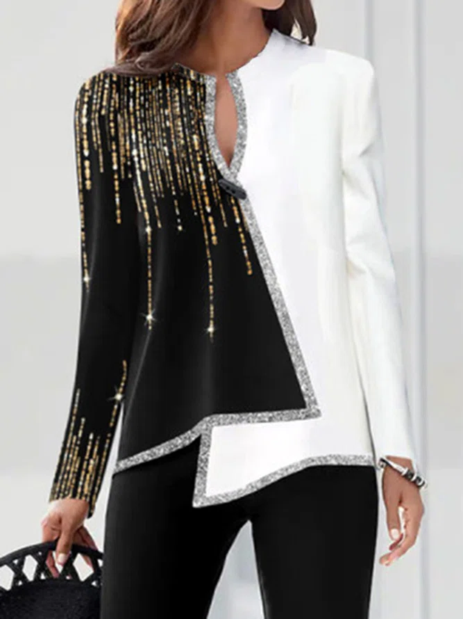 Neck Colorblock Sequins Party...