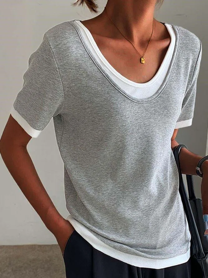 Round Neck Solid Causal T-Shi...