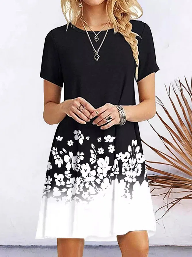O-Neck Casual Mini Dress - Bl...
