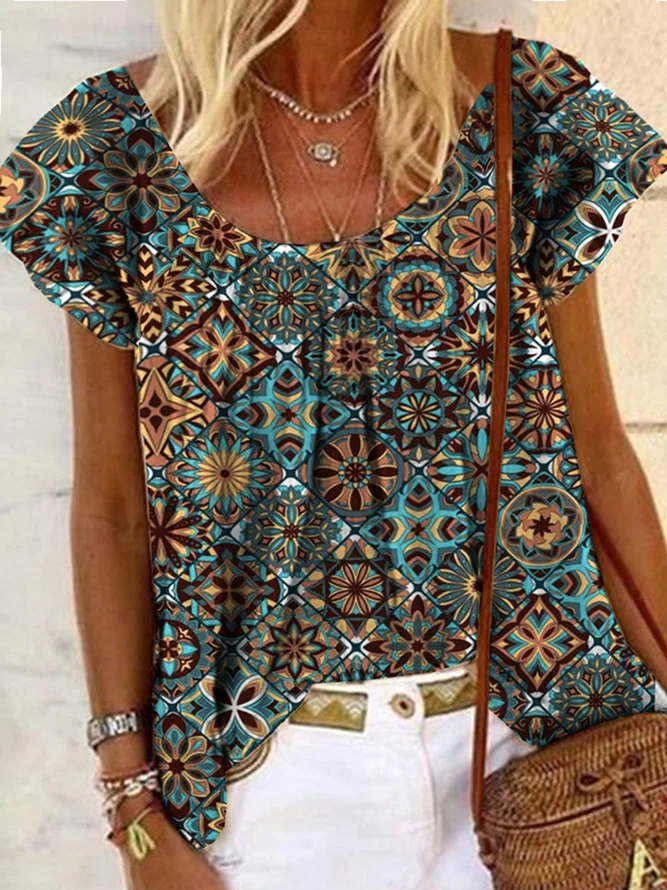 Neck Tribal Short Sleeve T-Sh...