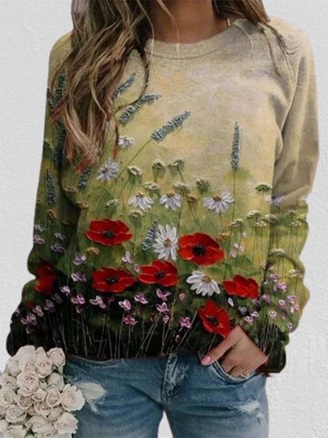 Crew Neck Floral Causal Sweat...